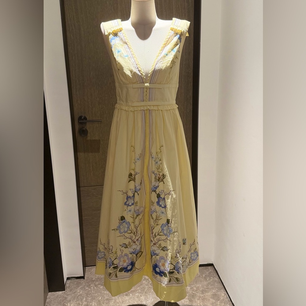 Self Portrait Yellow Floral V-Neck Midi Dress-NWOT